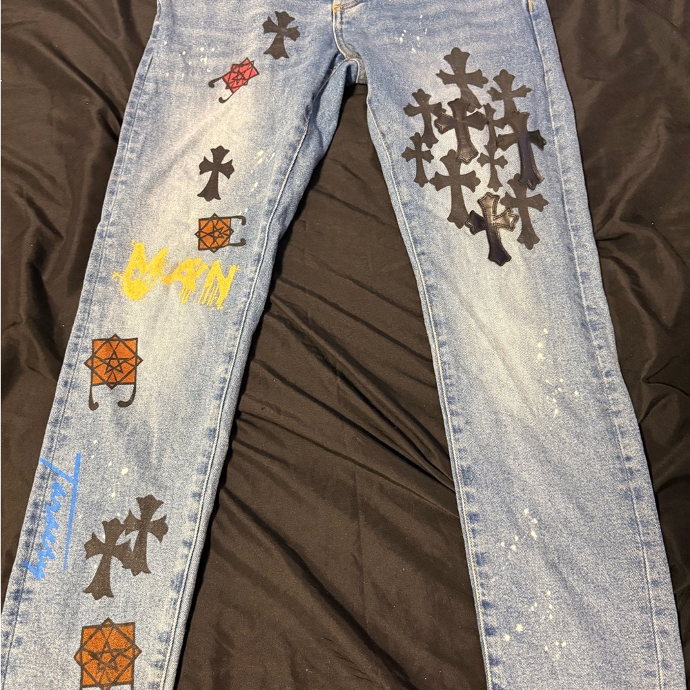 Chrome Hearts Blue Straight Jeans with Black Cross & Yellow Graphic